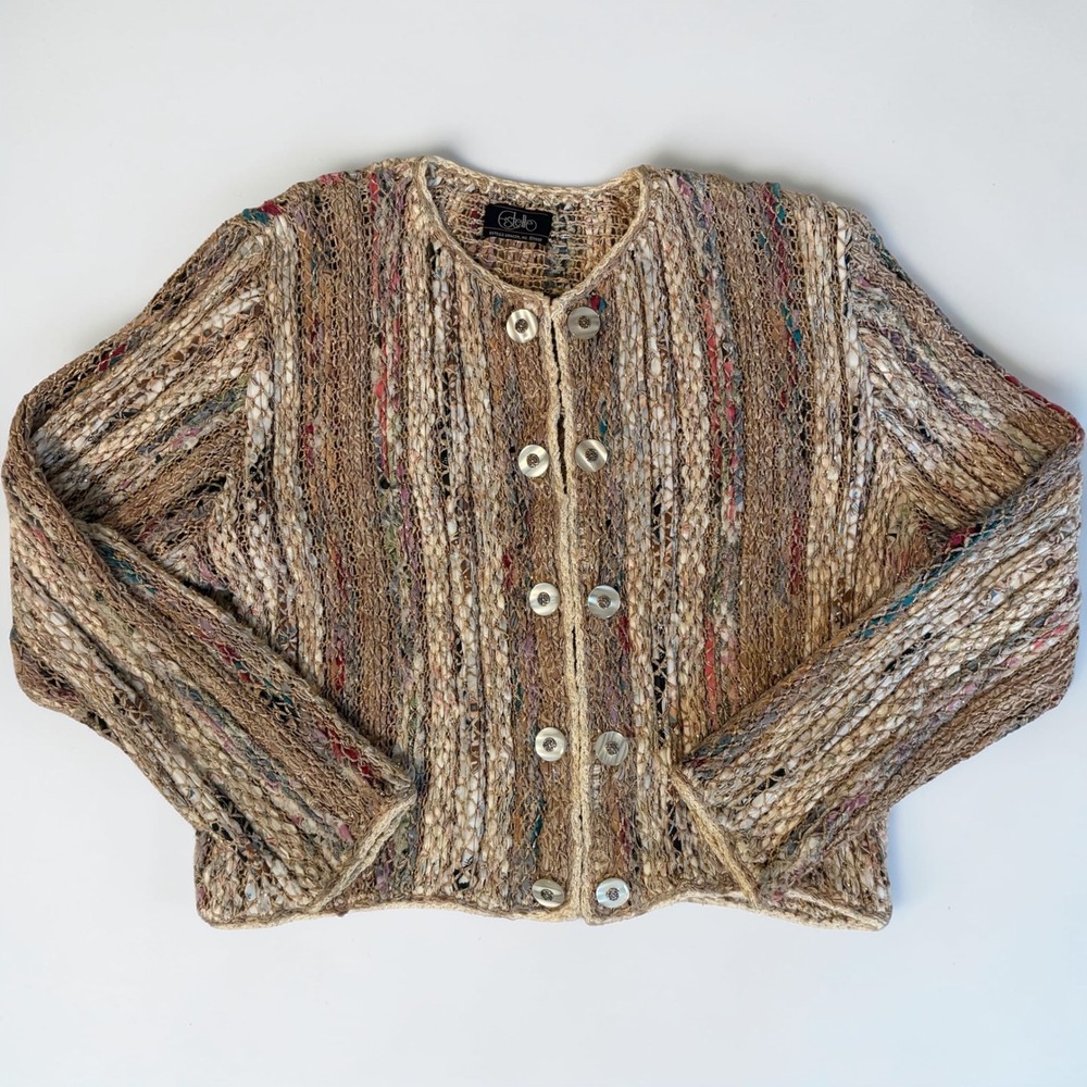 VTG Estelle Gracer Ribbon Knit Cardigan L Brown OOAK Metallic Cropped Jacket S/M